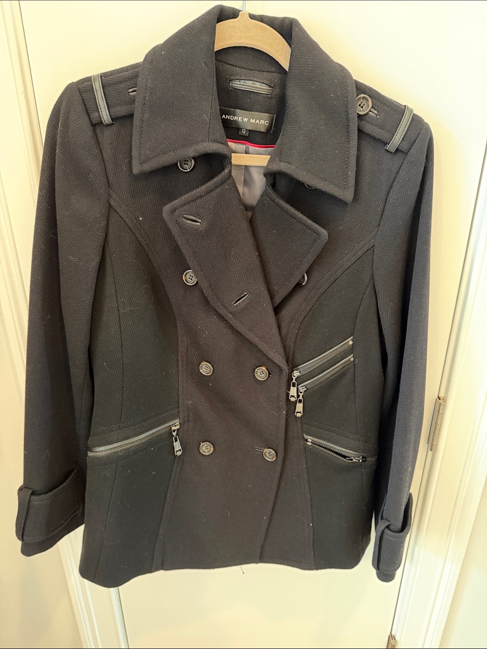 Andrew Marc Black Double-Breasted Peacoat with Zip Pockets